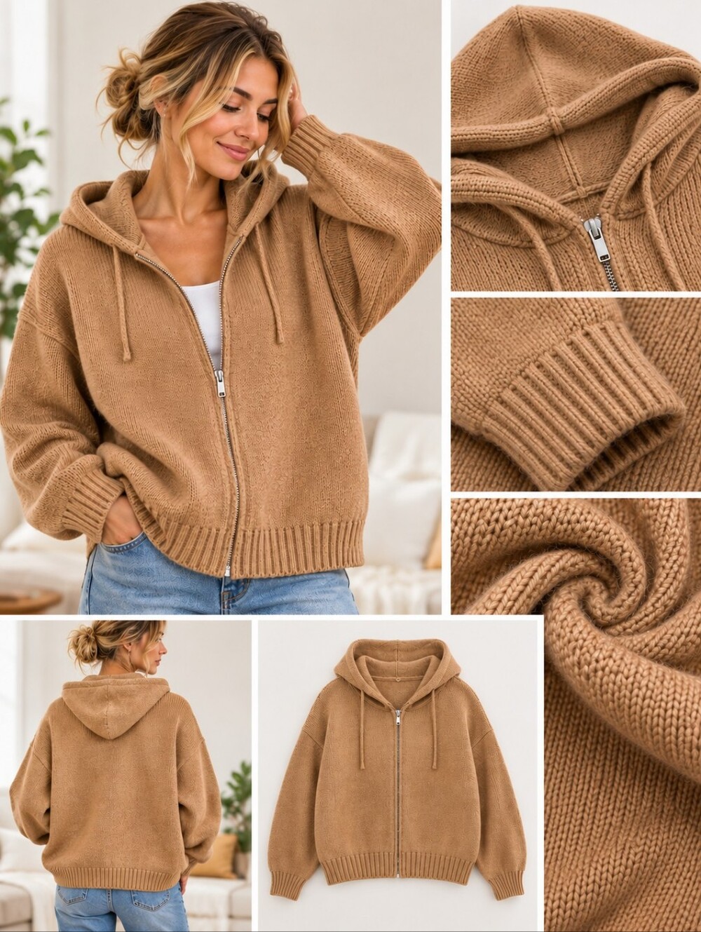 H&M Zip-Up Hooded Sweater - Camel Brown